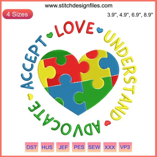 Colorful heart embroidery with "Accept Love Understand Advocate" text, symbolizing Autism Awareness. Digital stitching design.