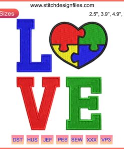 Heart-shaped embroidery design with puzzle pieces, representing Autism Awareness Love. Digital stitching pattern for Autism support.