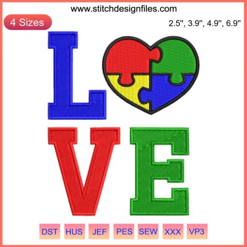 Heart-shaped embroidery design with puzzle pieces, representing Autism Awareness Love. Digital stitching pattern for Autism support.