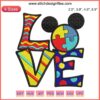 Colorful Autism Love Mickey Ears Embroidery Design on white background, featuring puzzle pieces for Autism Awareness Disney stitching.