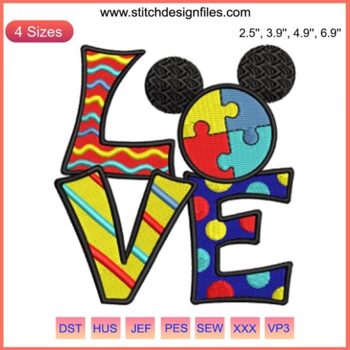 Colorful Autism Love Mickey Ears Embroidery Design on white background, featuring puzzle pieces for Autism Awareness Disney stitching.