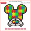 Embroidery design featuring Mickey's hands forming a heart with autism awareness colors. Perfect for digital stitching projects.