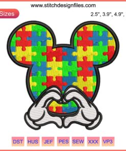 Embroidery design featuring Mickey's hands forming a heart with autism awareness colors. Perfect for digital stitching projects.