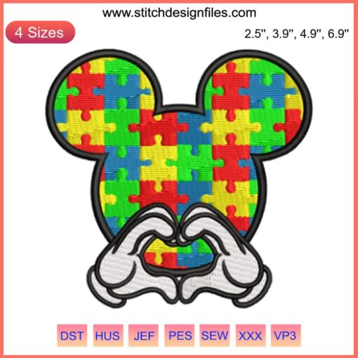 Embroidery design featuring Mickey's hands forming a heart with autism awareness colors. Perfect for digital stitching projects.