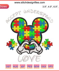 Mickey Ears Autism Awareness Embroidery Design: Accept Understand Love, colorful puzzle pieces digital stitching.