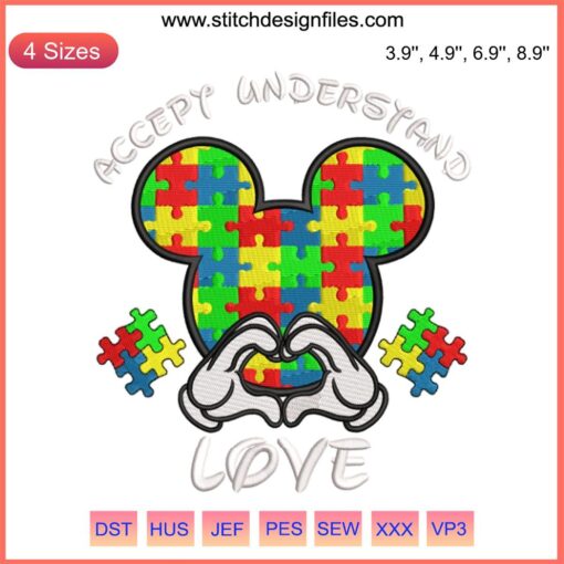 Mickey Ears Autism Awareness Embroidery Design: Accept Understand Love, colorful puzzle pieces digital stitching.