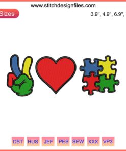 Peace Love Puzzle Embroidery Design featuring heart, puzzle piece, and peace sign for Autism Awareness digital stitching.