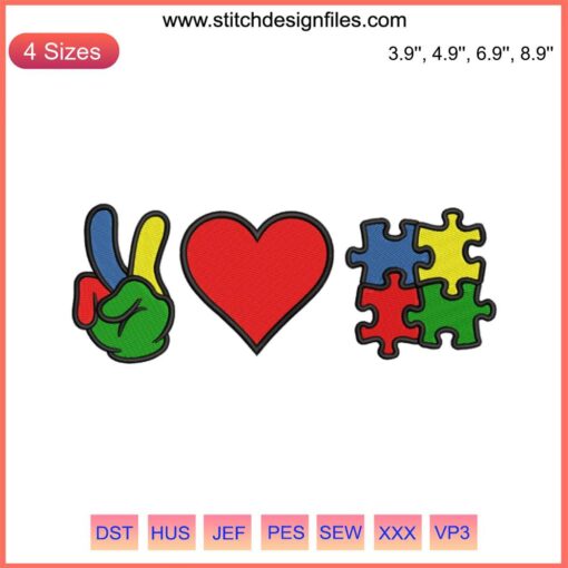 Peace Love Puzzle Embroidery Design featuring heart, puzzle piece, and peace sign for Autism Awareness digital stitching.