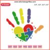 Colorful handprint embroidery design featuring puzzle pieces, symbolizing Autism Awareness and support. Ideal for Autism Month.