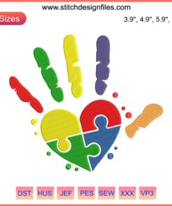 Colorful handprint embroidery design featuring puzzle pieces, symbolizing Autism Awareness and support. Ideal for Autism Month.