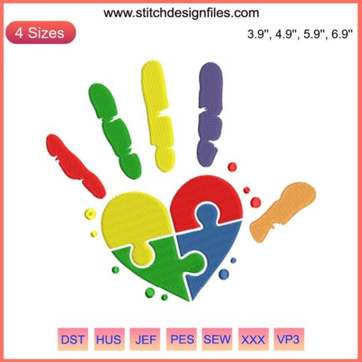 Colorful handprint embroidery design featuring puzzle pieces, symbolizing Autism Awareness and support. Ideal for Autism Month.