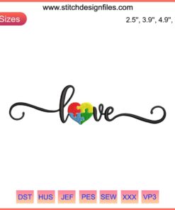 Love Autism Letter Embroidery Design - Vibrant heart pattern with autism puzzle pieces for digital stitching enthusiasts.