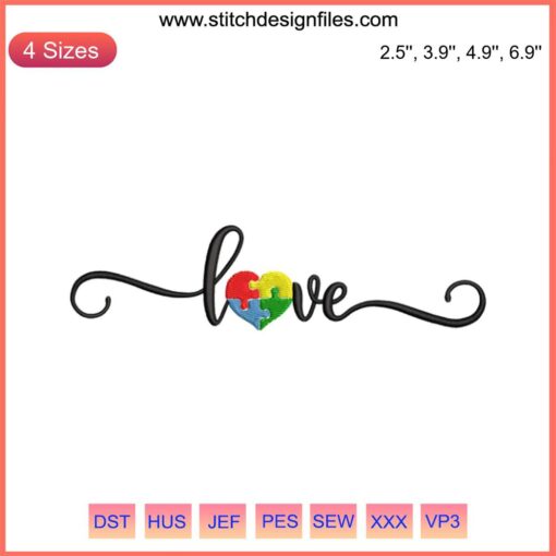 Love Autism Letter Embroidery Design - Vibrant heart pattern with autism puzzle pieces for digital stitching enthusiasts.