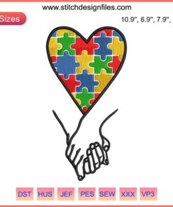 Heart Hands Embroidery Design for Autism Awareness | Colorful Digital Stitching Pattern