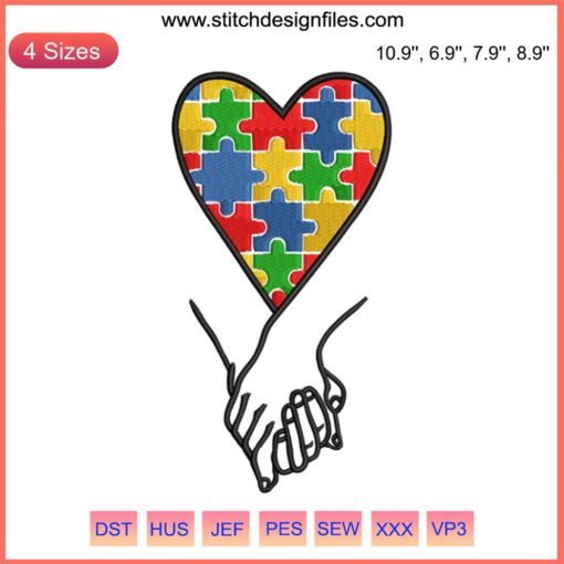 Heart Hands Embroidery Design for Autism Awareness | Colorful Digital Stitching Pattern