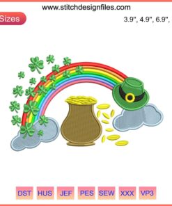 Pot of Gold Rainbow Shamrocks St. Patrick’s Day Embroidery Design, vibrant digital stitching pattern with festive motifs.
