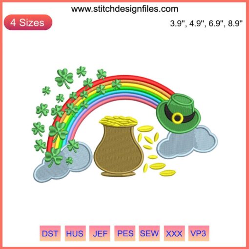 Pot of Gold Rainbow Shamrocks St. Patrick’s Day Embroidery Design, vibrant digital stitching pattern with festive motifs.