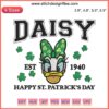 Daisy Duck in green St. Patrick's Day dress holding shamrock, Disney 1940 embroidery design, festive digital pattern.