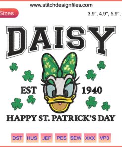 Daisy Duck in green St. Patrick's Day dress holding shamrock, Disney 1940 embroidery design, festive digital pattern.
