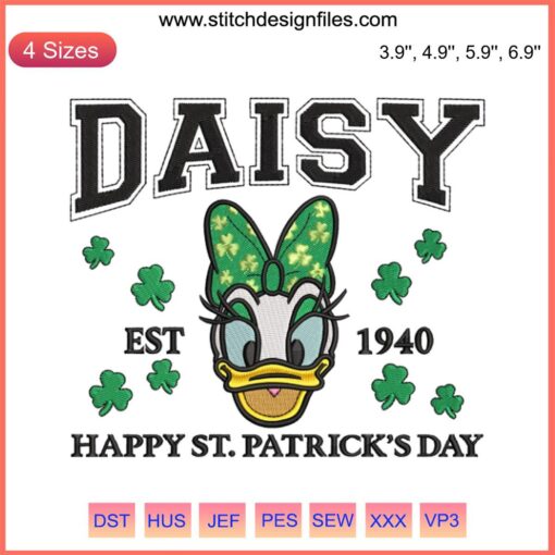 Daisy Duck in green St. Patrick's Day dress holding shamrock, Disney 1940 embroidery design, festive digital pattern.
