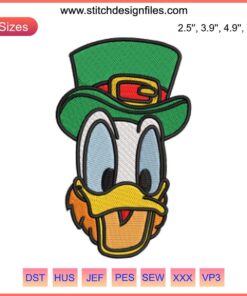 Donald Duck Face St. Patrick's Day Embroidery Design, Disney Digital Stitching, Green Hat, Shamrock, Cartoon Pattern