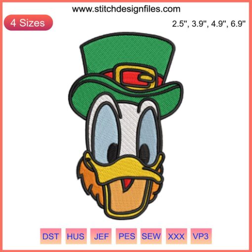 Donald Duck Face St. Patrick's Day Embroidery Design, Disney Digital Stitching, Green Hat, Shamrock, Cartoon Pattern