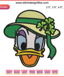 Daisy Duck St. Patrick's Day Embroidery Design featuring Disney character wearing a shamrock hat, perfect for festive stitching.