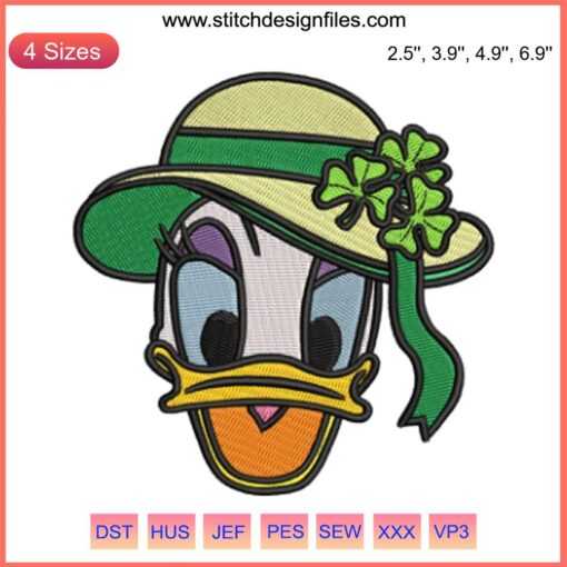 Daisy Duck St. Patrick's Day Embroidery Design featuring Disney character wearing a shamrock hat, perfect for festive stitching.