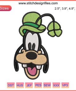 Goofy Face St. Patrick's Day Embroidery Design featuring Disney's Goofy with shamrocks, perfect for festive stitching projects.