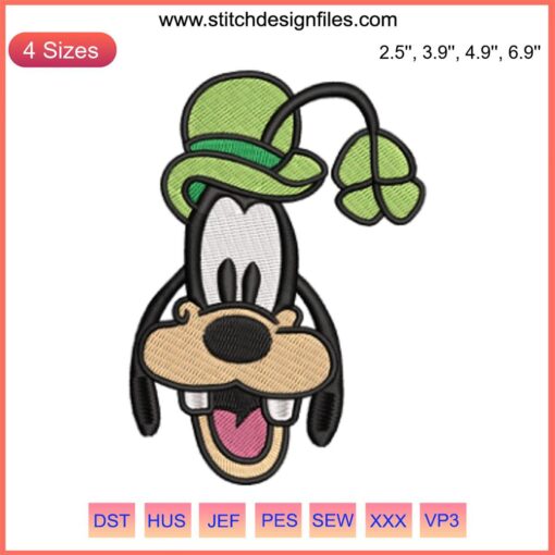 Goofy Face St. Patrick's Day Embroidery Design featuring Disney's Goofy with shamrocks, perfect for festive stitching projects.