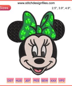 Minnie Mouse St. Patrick's Day Embroidery Design | Disney Digital Stitching featuring festive shamrocks and classic Minnie face.