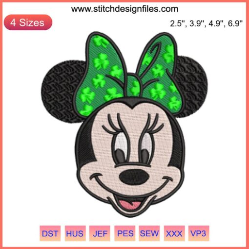 Minnie Mouse St. Patrick's Day Embroidery Design | Disney Digital Stitching featuring festive shamrocks and classic Minnie face.