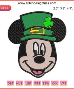 Mickey Face St. Patrick's Day Embroidery, Disney-themed digital design featuring Mickey in green, perfect for festive stitching.
