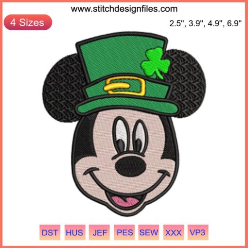 Mickey Face St. Patrick's Day Embroidery, Disney-themed digital design featuring Mickey in green, perfect for festive stitching.