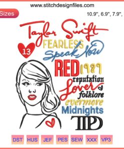Taylor Swift Eras Tour Embroidery Design: Fashionable digital stitching featuring iconic album motifs. Trendy needlework pattern.