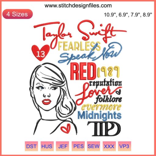 Taylor Swift Eras Tour Embroidery Design: Fashionable digital stitching featuring iconic album motifs. Trendy needlework pattern.