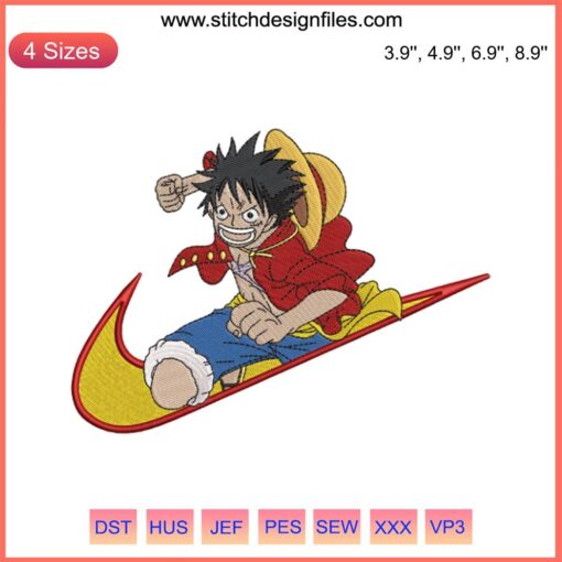 Luffy Anime Embroidery Design File, One Piece Nike-Inspired Instant Download, Unique Fan Art Pattern for Embroidery Machines