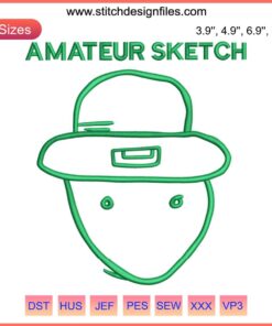 Amateur sketch leprechaun embroidery design, humorous St. Patrick's Day digital stitching with clover accents.