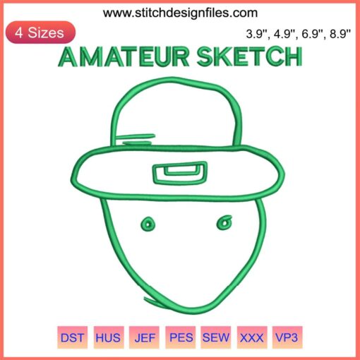 Amateur sketch leprechaun embroidery design, humorous St. Patrick's Day digital stitching with clover accents.