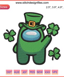 Among Us St. Patrick's Day Embroidery Design featuring a Shamrock Clover for festive digital stitching projects.