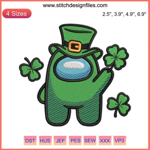 Among Us St. Patrick's Day Embroidery Design featuring a Shamrock Clover for festive digital stitching projects.