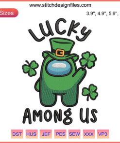 Among Us character in leprechaun hat, St. Patrick's Day embroidery design, green lucky theme stitching, digital download.