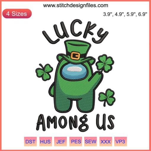 Among Us character in leprechaun hat, St. Patrick's Day embroidery design, green lucky theme stitching, digital download.