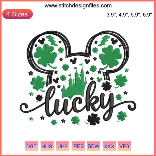 St. Patrick's Day Mickey Castle Embroidery | Disney Stitch Design: Shamrock-filled Mickey Head, Castle Silhouette, Lucky Theme