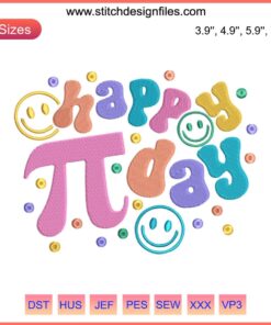 Smiley face wearing glasses with pi symbol embroidery, perfect for Pi Day stitching projects, digital design download.