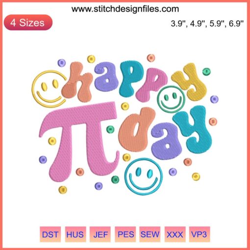 Smiley face wearing glasses with pi symbol embroidery, perfect for Pi Day stitching projects, digital design download.
