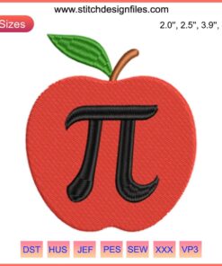Embroidery Design: Red Apple with Pi Symbol | Math-Inspired Digital Stitching for Pi Day | Unique Pattern, Needlework Art