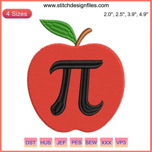 Embroidery Design: Red Apple with Pi Symbol | Math-Inspired Digital Stitching for Pi Day | Unique Pattern, Needlework Art