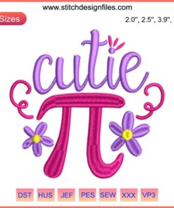 Cute Pi symbol with smiling face, "Happy Pi Day" text, colorful embroidery pattern, digital stitching design