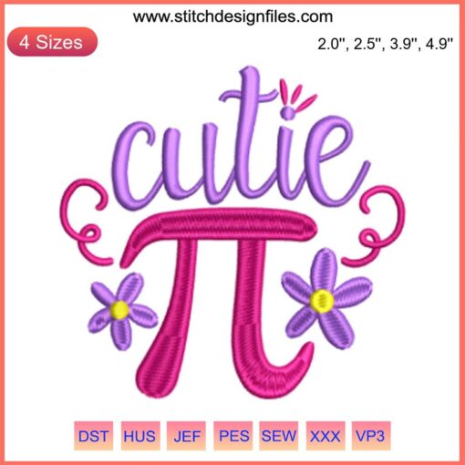 Cute Pi symbol with smiling face, "Happy Pi Day" text, colorful embroidery pattern, digital stitching design